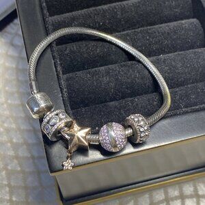 SOUFEEL 925 Sterling Silver Charm Bracelet 7” w/ Multiple Signed CZ Charms